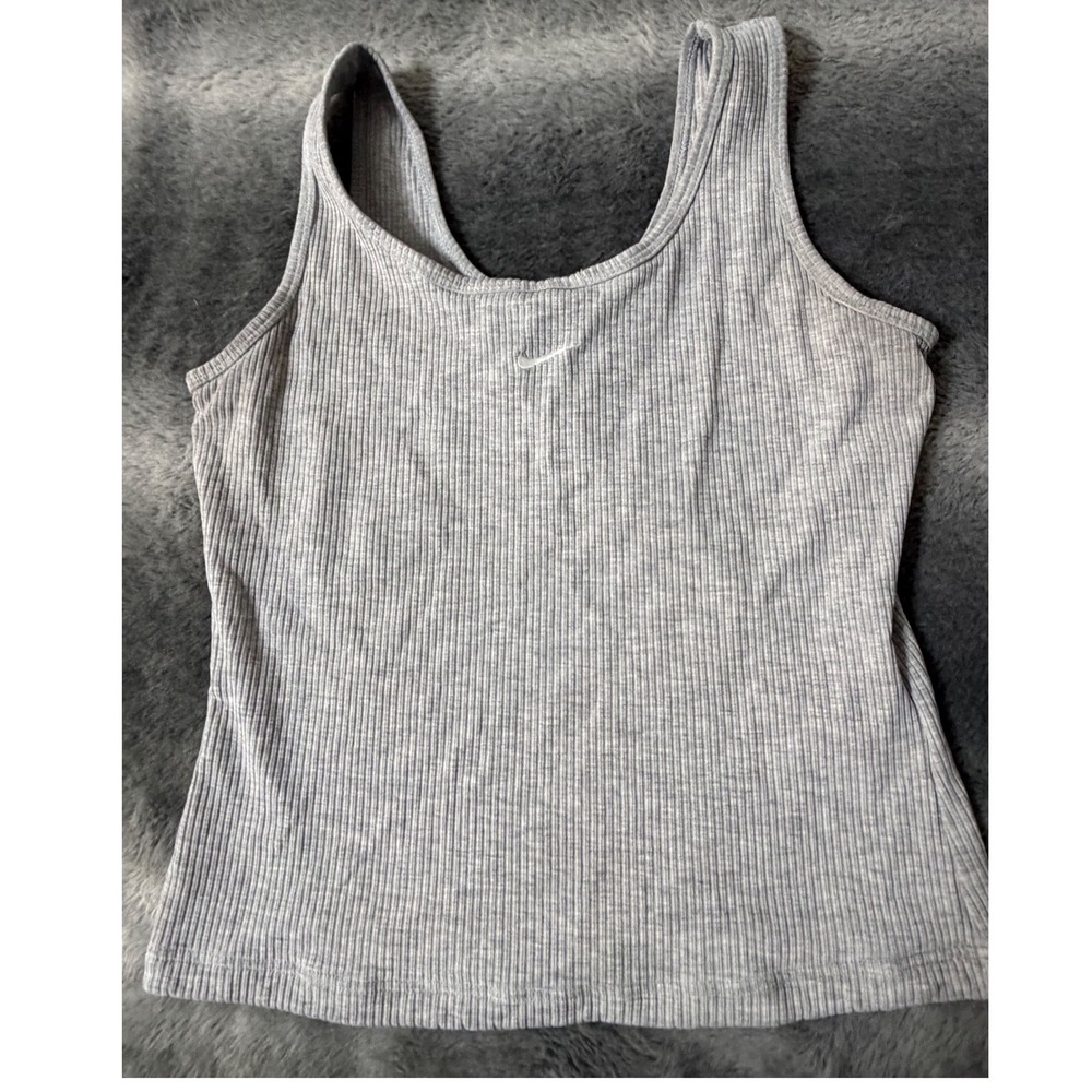 Nike Womens Ribbed Tank Top Heather Grey Scoop Neck Small Swoosh Logo S 4-6